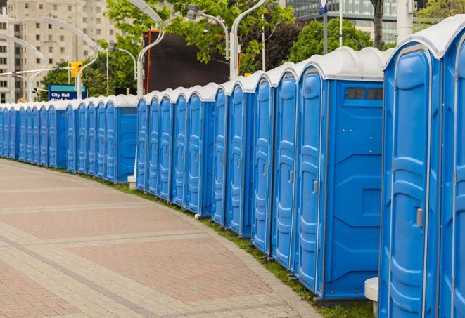 portable restrooms with sink and hand sanitizer stations, available at a festival in Madison